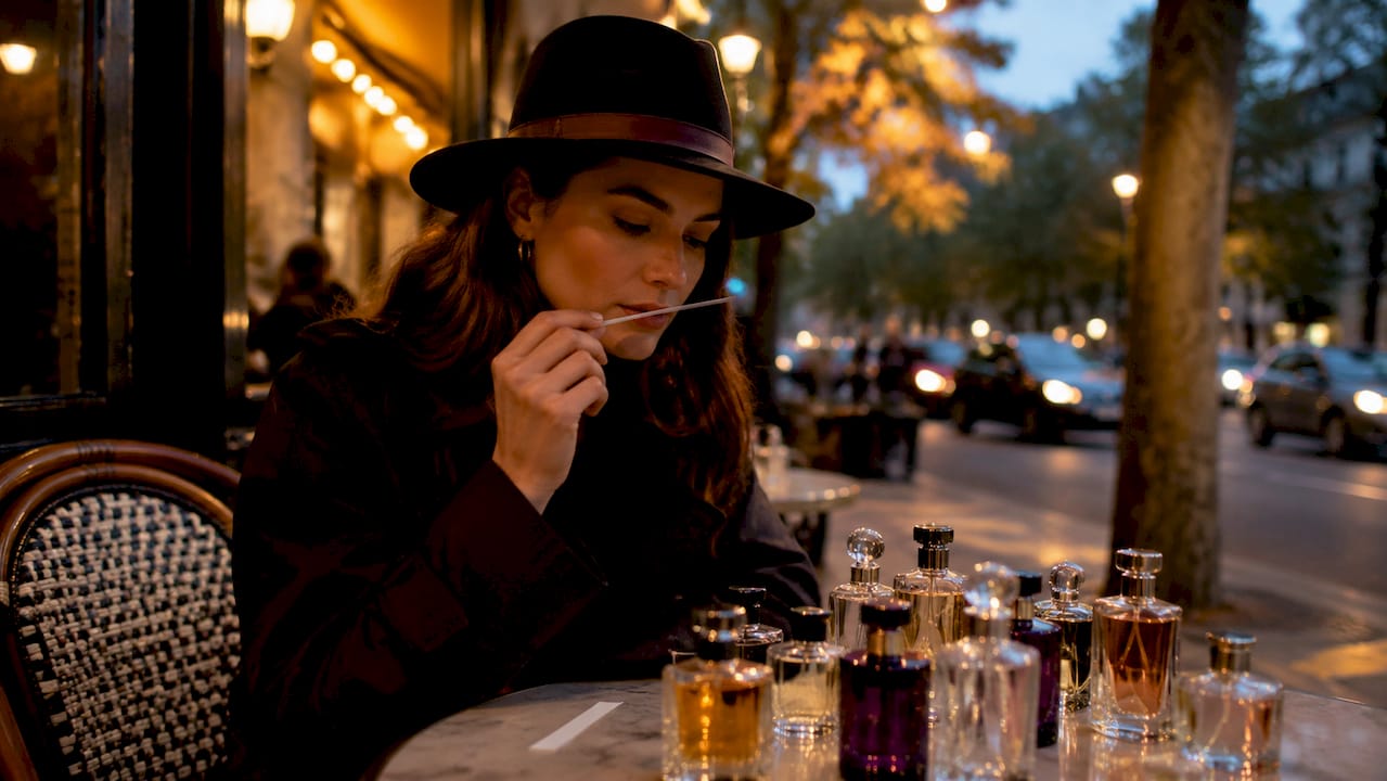 Une femme s’amuse à découvrir de nouveaux parfums devant sa coiffeuse, hésitant entre plusieurs fragrances pour trouver celle qui lui correspond le mieux.