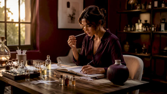 Perfumista analizando las notas de fondo de una fragancia