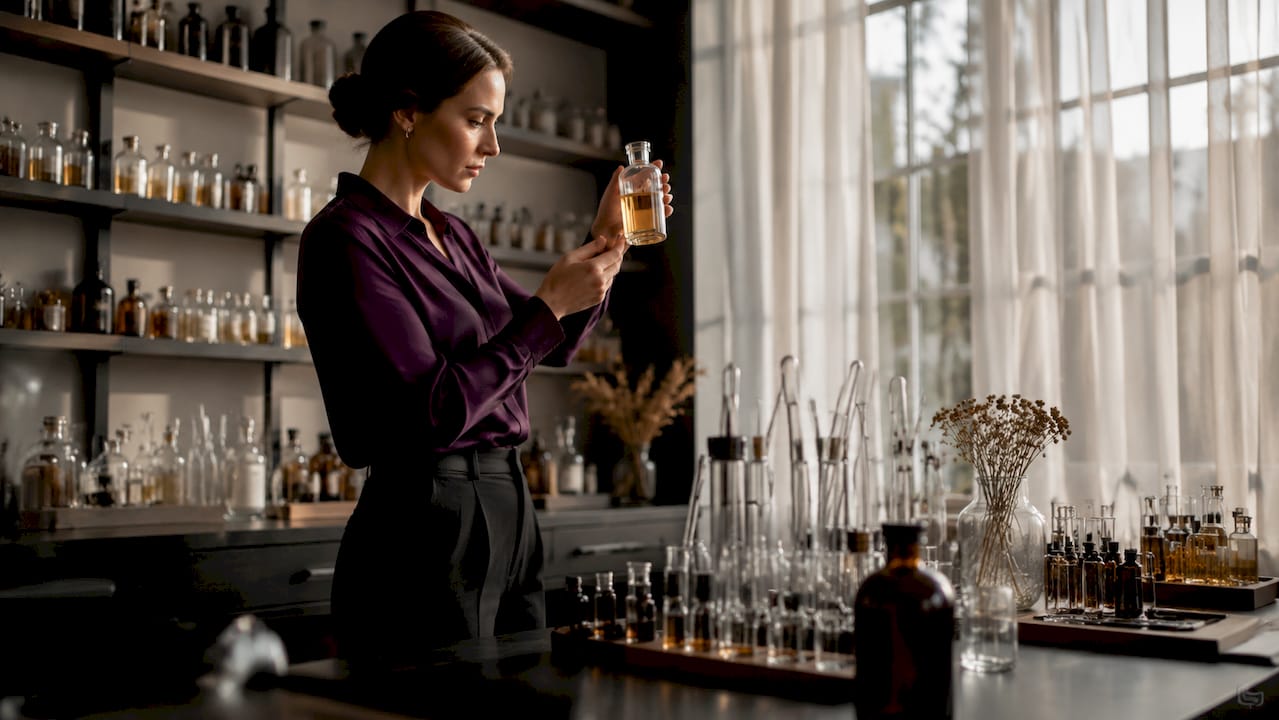 Chemist examining perfume chemical bottle in lab
