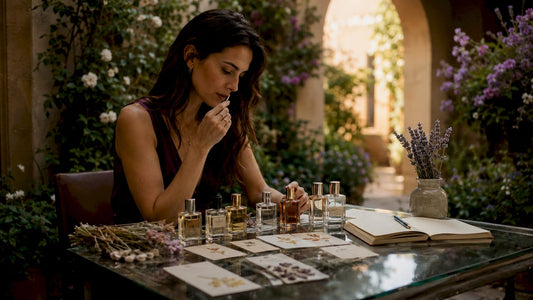 Woman examining luxury fragrance bottles thoughtfully