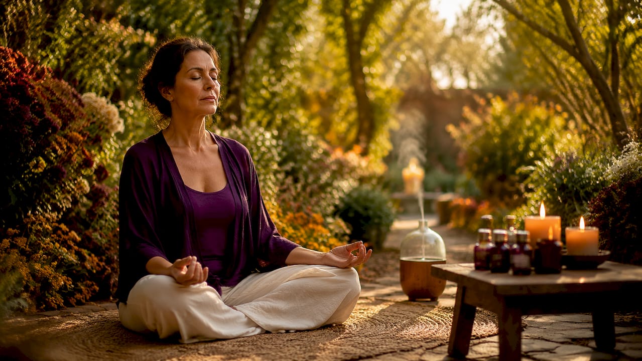 Mujer disfrutando de un momento de meditación en casa, rodeada de una fragancia que llena el ambiente de calma.