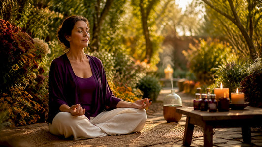 Mujer disfrutando de un momento de meditación en casa, rodeada de una fragancia que llena el ambiente de calma.