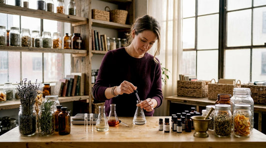 Dans son atelier, un parfumeur artisanal compose des fragrances uniques en mariant des essences rares avec savoir-faire et passion.