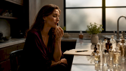 Woman exploring scents in a cozy reading nook