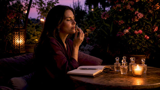 Woman smelling fragrance for self-discovery indoors