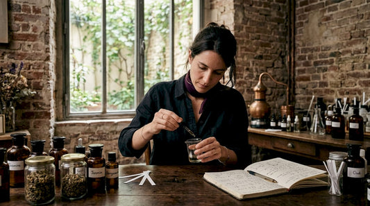 Un parfumeur artisan assemble avec soin différentes huiles essentielles pour créer une fragrance unique.