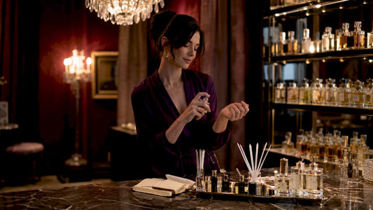 Woman applying perfume in dressing room