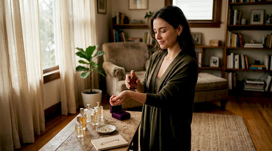Woman applying fragrance in bedroom mirror