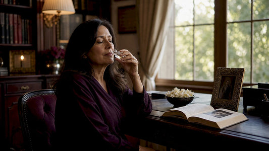 Woman inhaling perfume in cozy sunlit room