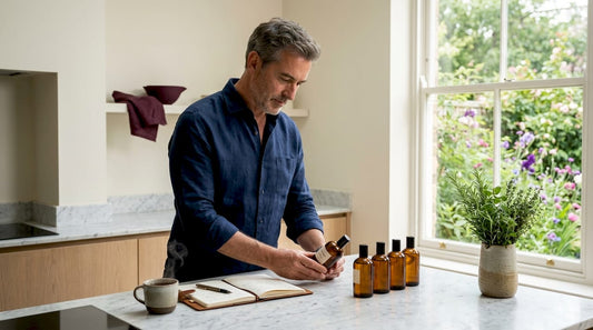 Un homme observe attentivement plusieurs flacons de parfum disposés sur son bureau.