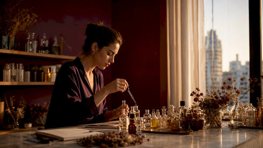 Maestro perfumista creando fragancias en un taller artesanal