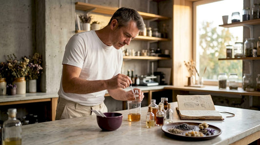 Un artisan parfumeur à l’œuvre dans son atelier, entouré de ses fioles et de ses essences, créant de nouvelles fragrances avec passion.