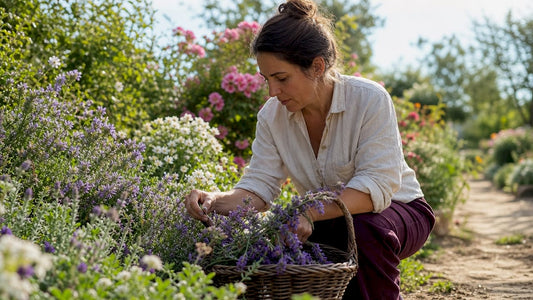 Mujer del campo recolectando flores frescas en plena naturaleza