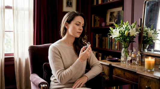 Woman intentionally applying perfume at vanity table