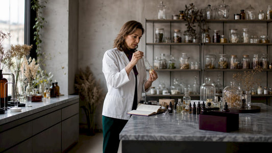 Une parfumeuse s’affaire à créer un extrait naturel dans son laboratoire, mêlant savoir-faire et passion pour révéler de nouvelles fragrances.