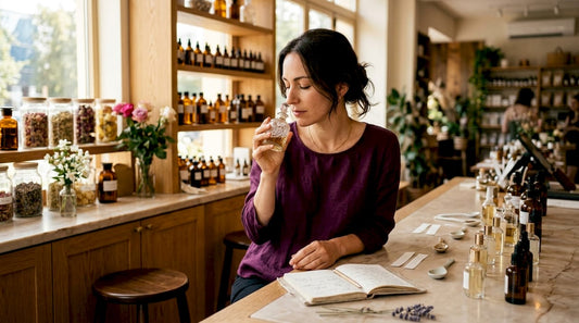 Une femme découvre les effluves d’un parfum authentique dans une boutique de créateurs.
