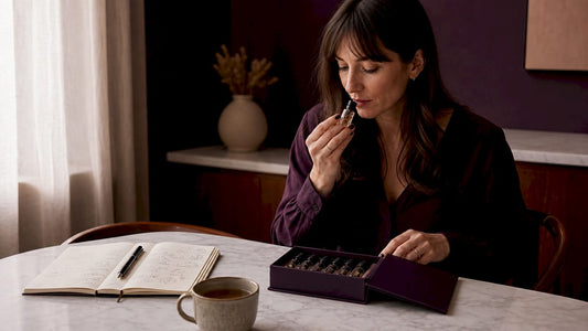 Une femme s'émerveille en ouvrant un coffret de parfums artisanaux, découvrant des fragrances uniques soigneusement élaborées.