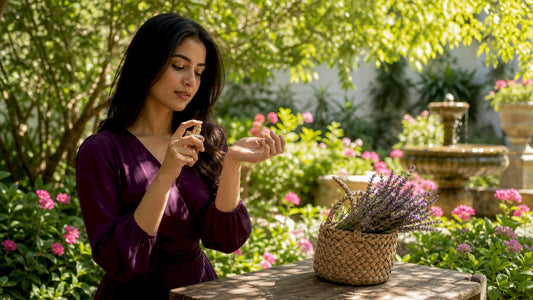 Woman applying perfume to wrist in bathroom