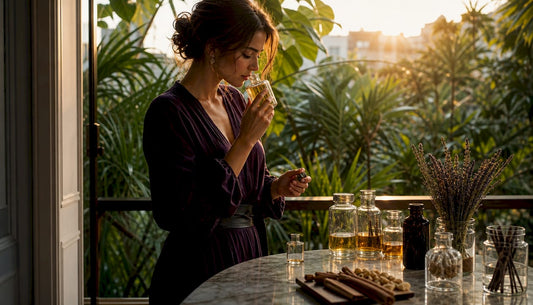 Perfumista identificando las notas de fondo en una fragancia