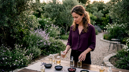 Une femme hésite devant les flacons de parfum, cherchant le cadeau parfait dans une parfumerie élégante.