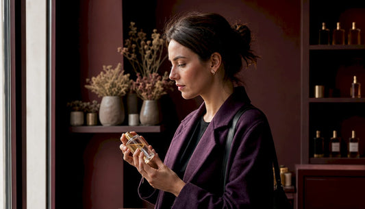 Une femme découvre de nouveaux parfums artisanaux en les essayant dans une boutique spécialisée.