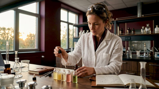Un químico examina los componentes de un perfume en el laboratorio, buscando la combinación perfecta de aromas.