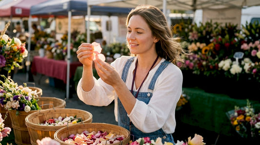 Woman inspecting fresh rose petals in field
