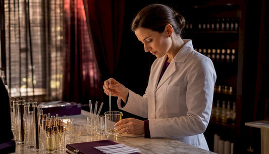 Perfumer mixing fragrance oils in laboratory