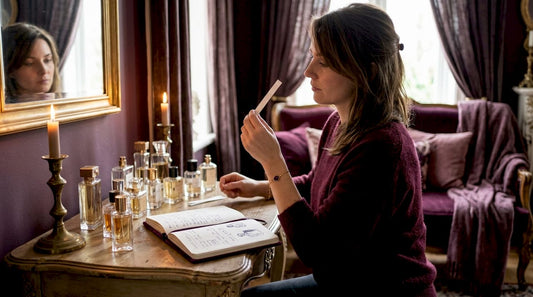 Woman sampling luxury perfumes at vanity