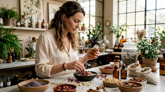 Una mujer examina cuidadosamente los ingredientes naturales que utilizará para crear su propio perfume.