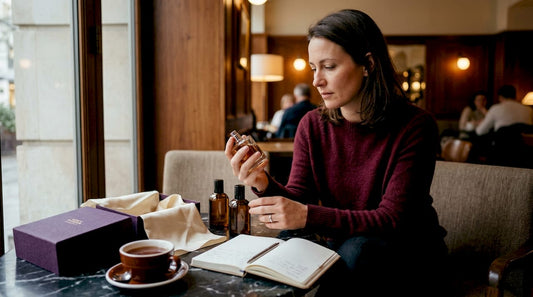 Una mujer decide qué perfume regalar mientras revisa distintas opciones en su apartamento.