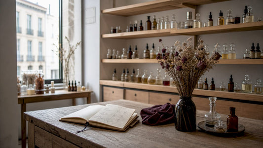 Étagère mettant en valeur des flacons de parfums d’exception, issus de maisons artisanales.