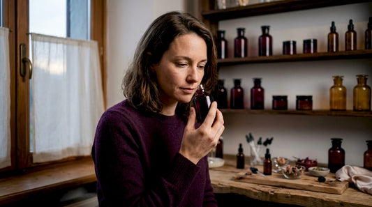 Une femme découvre un parfum naturel en testant un flacon dans une boutique spécialisée.