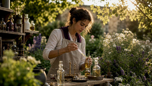 Artisan perfumer crafting small-batch scents in workshop