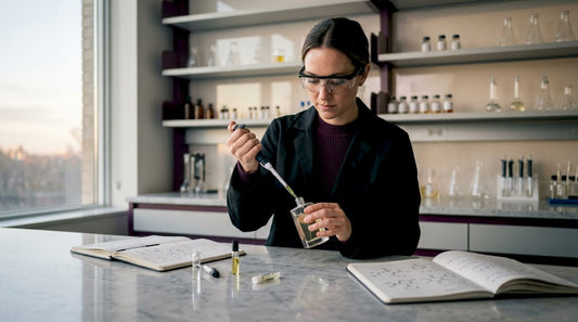 Chemist analyzing fragrance bottle in lab