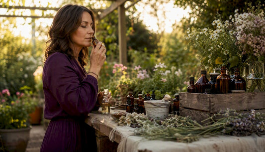 Woman assessing essential oil in a botanical atelier