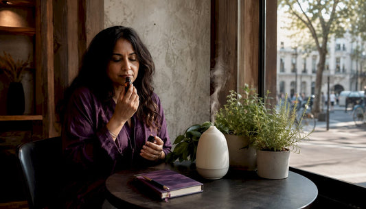 Woman testing essential oil scent at home desk