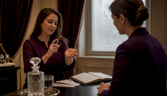 Woman testing fragrance sample at boutique table