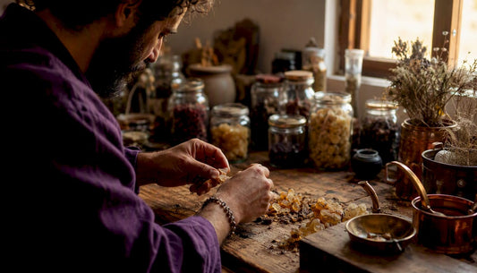 Dans son atelier, un artisan travaille la résine de benjoin avec savoir-faire.
