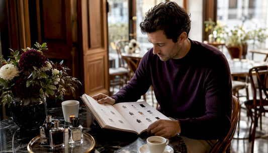 Un homme feuillette un catalogue à la recherche d’alternatives de parfums disponibles en France.