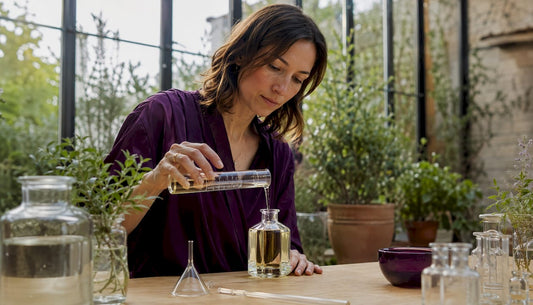 Dans son laboratoire, le parfumeur ajoute délicatement de l'alcool à son flacon, peaufinant ainsi la composition de sa création olfactive.