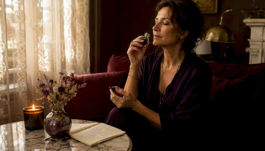 Mujer disfrutando el aroma de su perfume en una sala cálida, perfecta para la reflexión personal