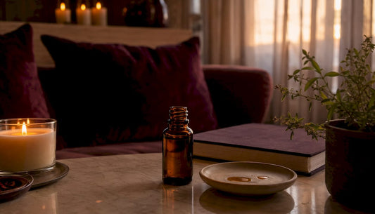 Un petit flacon d'huile essentielle posé sur une table en bois, prêt à être utilisé pour parfumer la pièce ou accompagner un moment de détente.