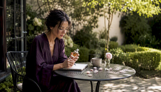 Une femme découvre des parfums naturels tout en savourant un café.