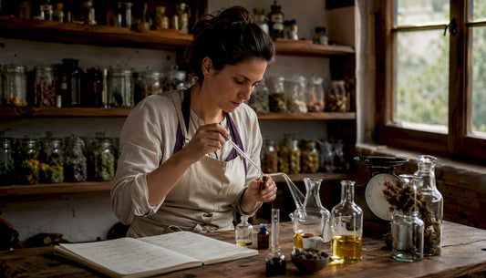 Maestro perfumista elaborando fragancias artesanales con ingredientes naturales en su taller
