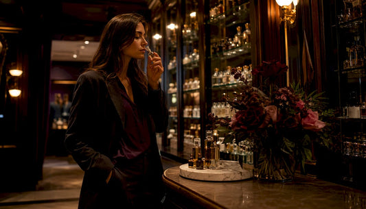Woman smelling non-toxic perfume sample in store