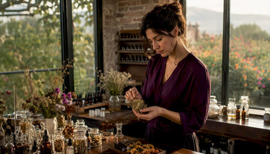 Un perfumista examina el aroma del almizcle natural durante una sesión en el taller.