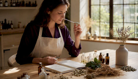 Créateur de parfums en pleine analyse de matières premières naturelles