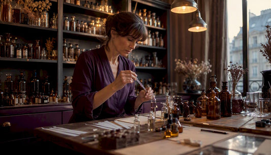 Perfumer blending fragrance accord in atelier