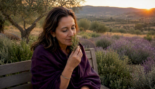 Una mujer disfruta del aroma del romero mientras pasea por un bosque mediterráneo al caer la tarde.